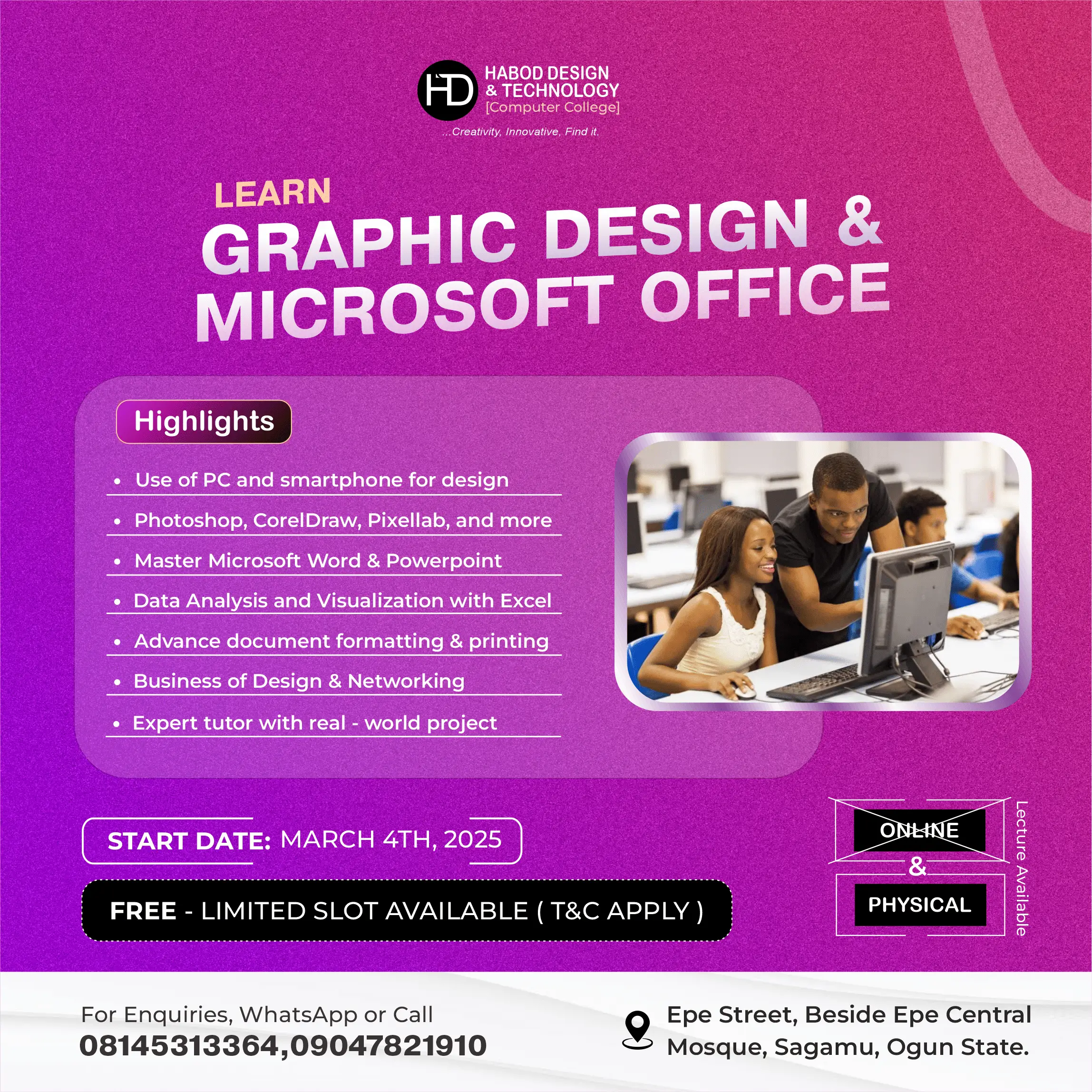 Learn Graphic Design and Microsoft Office for free in Sagamu, Ogun State